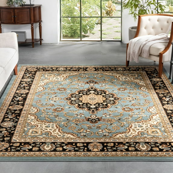 Noble Medallion Red Green Ivory Light Blue Black Persian Floral Oriental Formal Traditional Area Rug Shed Free Modern Contemporary Transitional Soft Living Dining Room Rug
