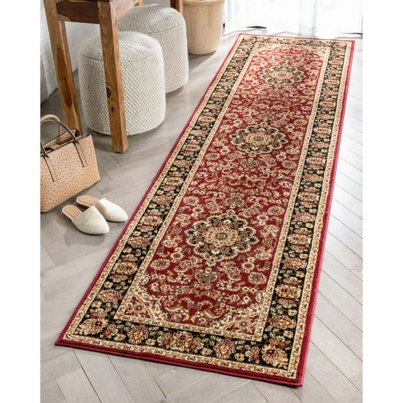 Noble Medallion Red Green Ivory Light Blue Black Persian Floral Oriental Formal Traditional Area Rug Shed Free Modern Contemporary Transitional Soft Living Dining Room Rug