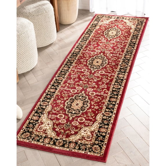 Noble Medallion Red Green Ivory Light Blue Black Persian Floral Oriental Formal Traditional Area Rug Shed Free Modern Contemporary Transitional Soft Living Dining Room Rug