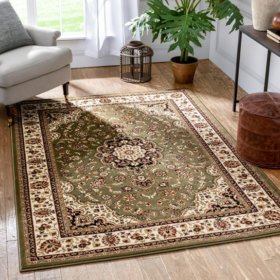 Noble Medallion Red Green Ivory Light Blue Black Persian Floral Oriental Formal Traditional Area Rug Shed Free Modern Contemporary Transitional Soft Living Dining Room Rug