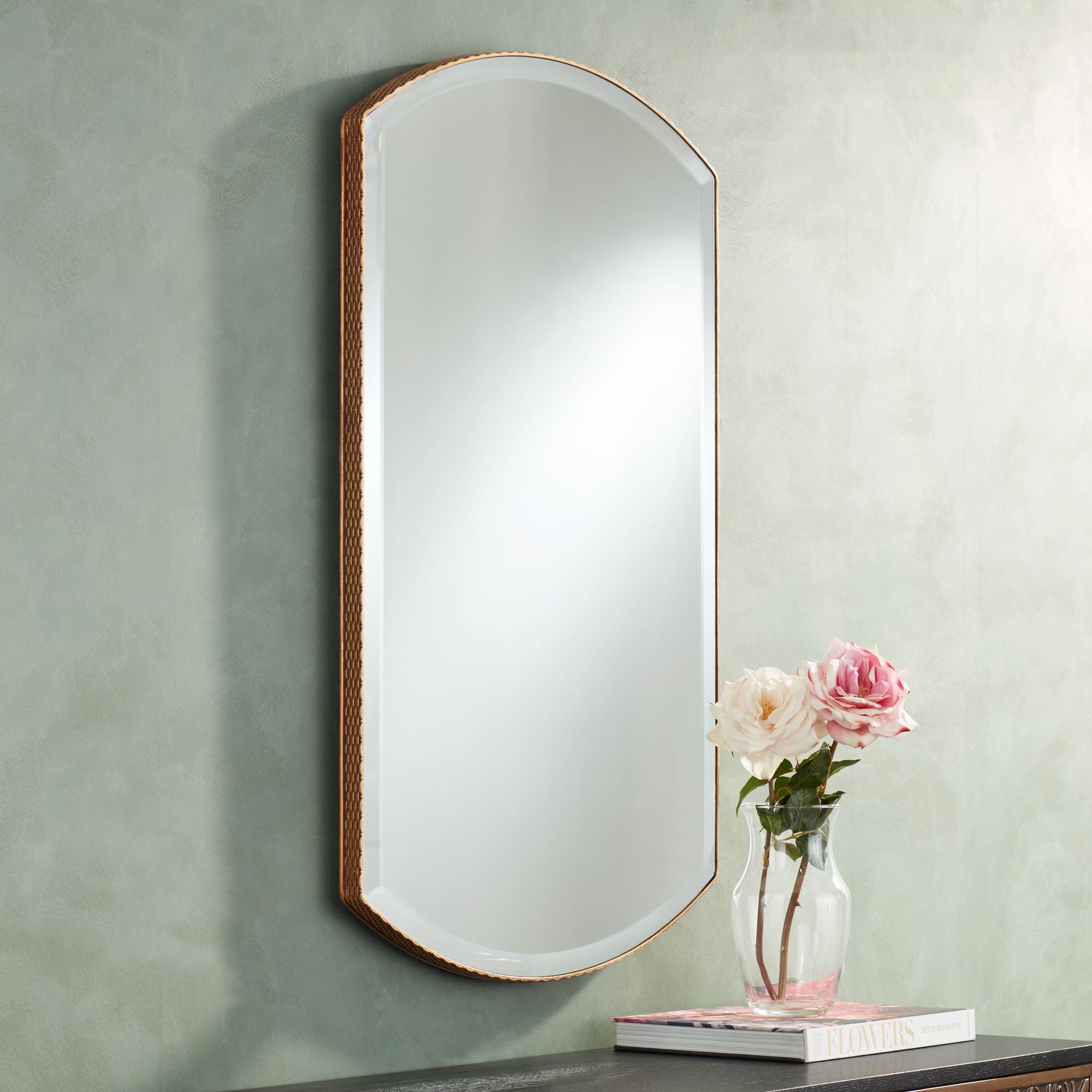 Noble Park Arch Rectangular Vanity Wall Mirror Farmhouse Rustic Beveled Edge Distressed Gold Frame 24" Wide for Bathroom Bedroom Living Room House