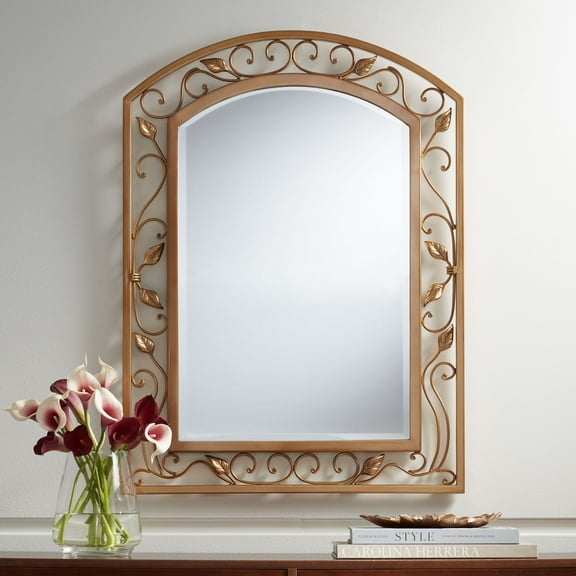 Noble Park Eden Park Arch Top Vanity Wall Mirror Vintage French Beveled Glass Vine Flower Gold Metal Frame 25" Wide for Bathroom
