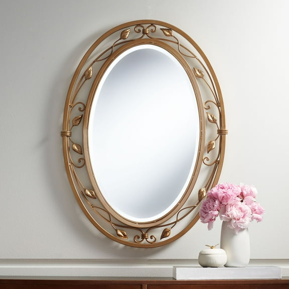 Noble Park Eden Park Oval Vanity Wall Mirror Vintage French Beveled Glass Vine Flower Gold Metal Frame 24" Wide for Bathroom Home
