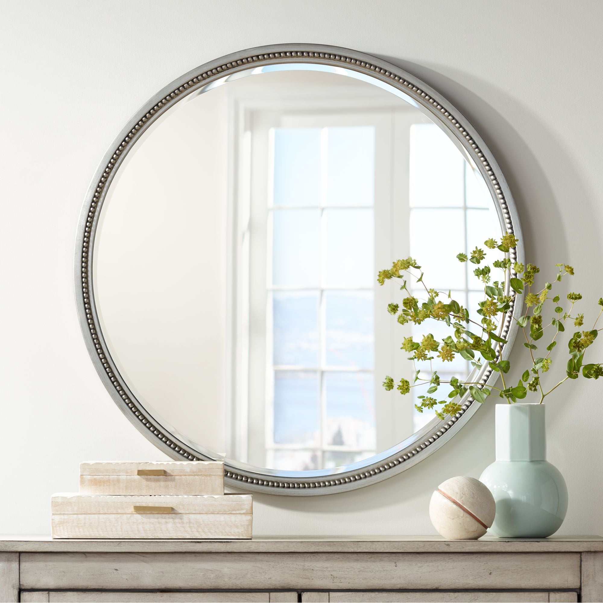 Elegant Silver Wood Framed 38" Round Beveled Wall Mirror