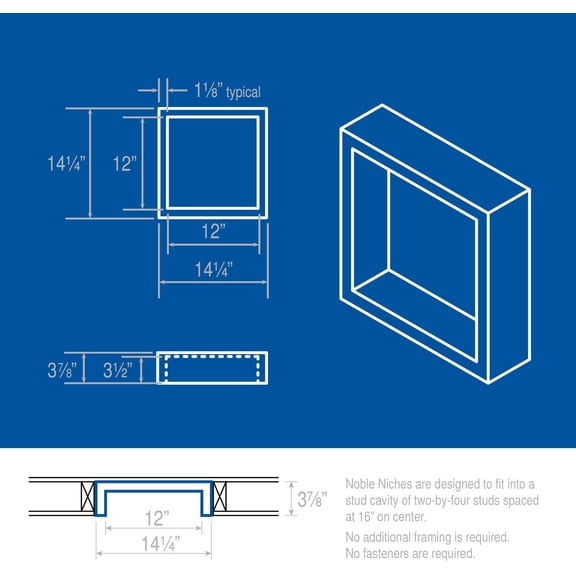 Noble Preformed 301 Square Shower Niche Modern Bathroom Storage Solution with Built-in Shelf Water-Resistant Easy Install Ideal for Toiletries Shampoo Shower Accessories (14 ¼” W x 14 ¼” H)
