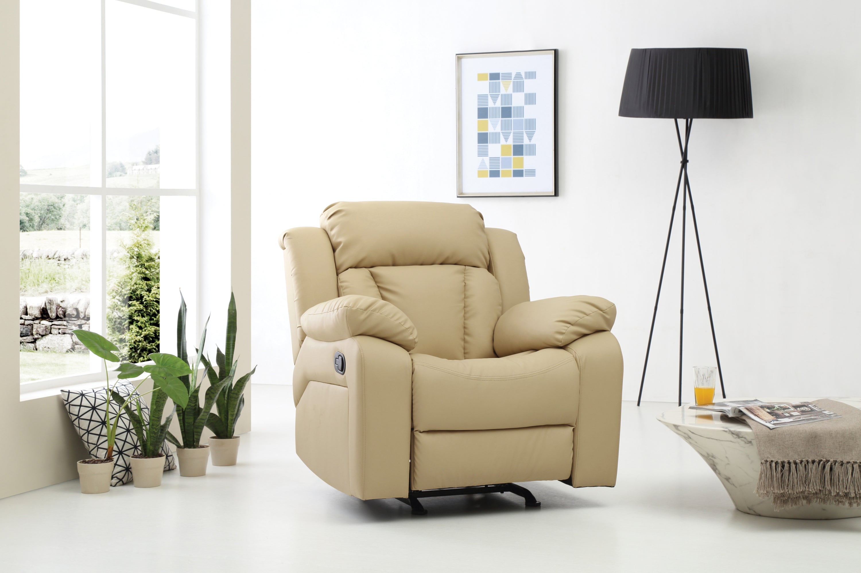 Beige Faux Leather Contemporary Rocker Recliner with Tufted Back