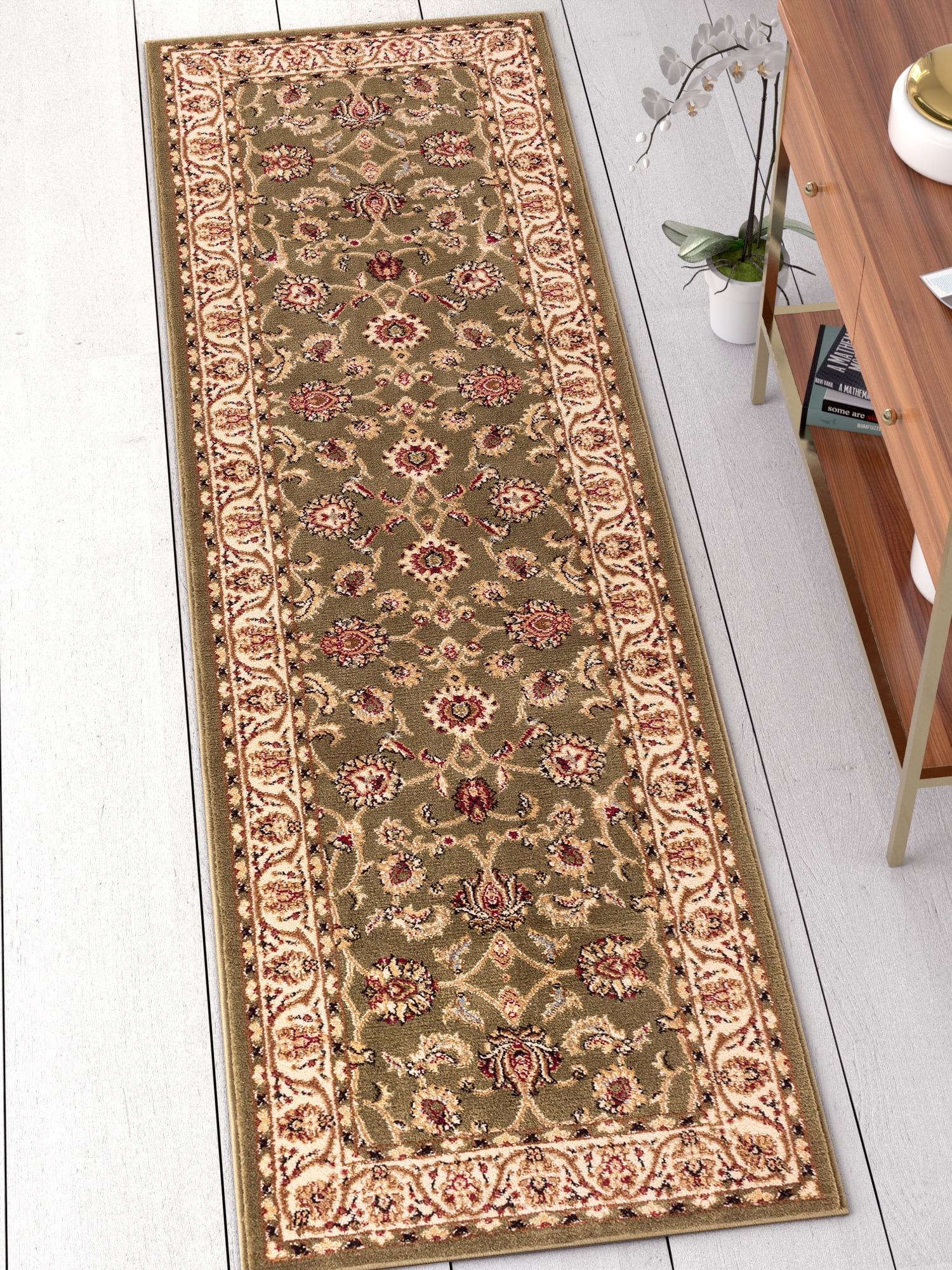 Green and Ivory Synthetic Traditional Runner Rug