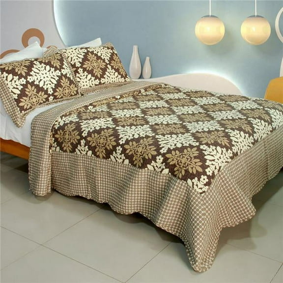 Noble Snowflake - 100 Percent Cotton 3 Pieces Vermicelli-Quilted Patchwork Quilt Set Full & Queen Size - Brown