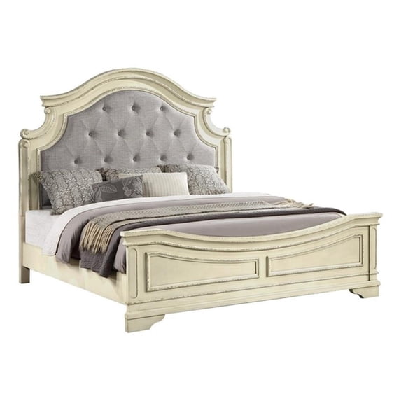 Noble Traditional Style Queen Bed Made with Wood in Antique Beige