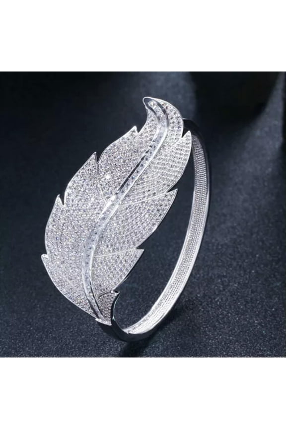 Noble White Gold Plated Micro Pave Cubic Zircon Big Leaf Cuff Wide Open Bangle