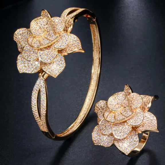 Noble Yellow Gold Plated Heart CZ Flower Shaped Bangle Ring Set for Women Dress