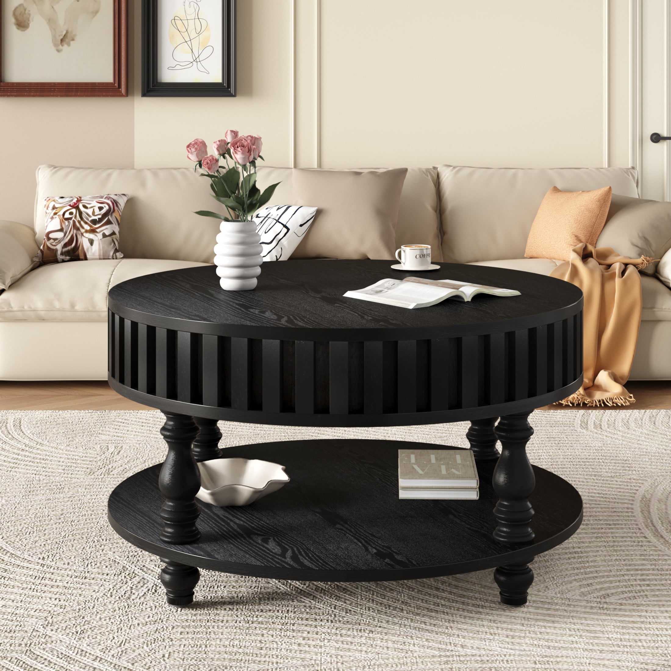 Noble house Farmhouse Fluted Coffee Table with Flip-Top Storage, Solid Wood Legs,Black