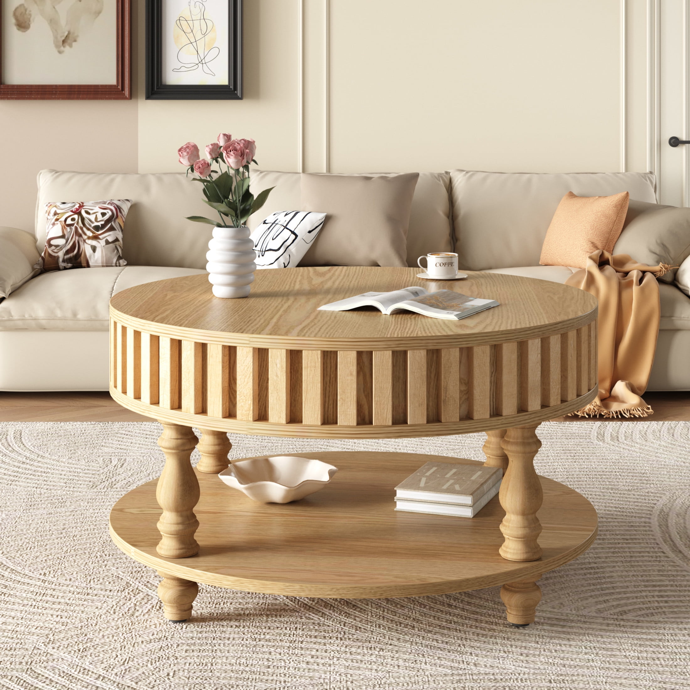 Noble house Farmhouse Fluted Coffee Table with Flip-Top Storage, Solid Wood Legs,Natural Wood