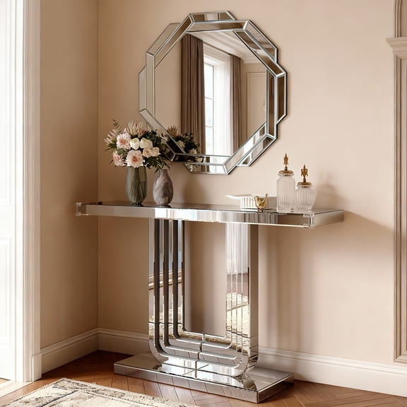 Noble house Mirrored Console Table, Silver Entryway Table with U-Base and Hand-Spliced Line Design,Silver