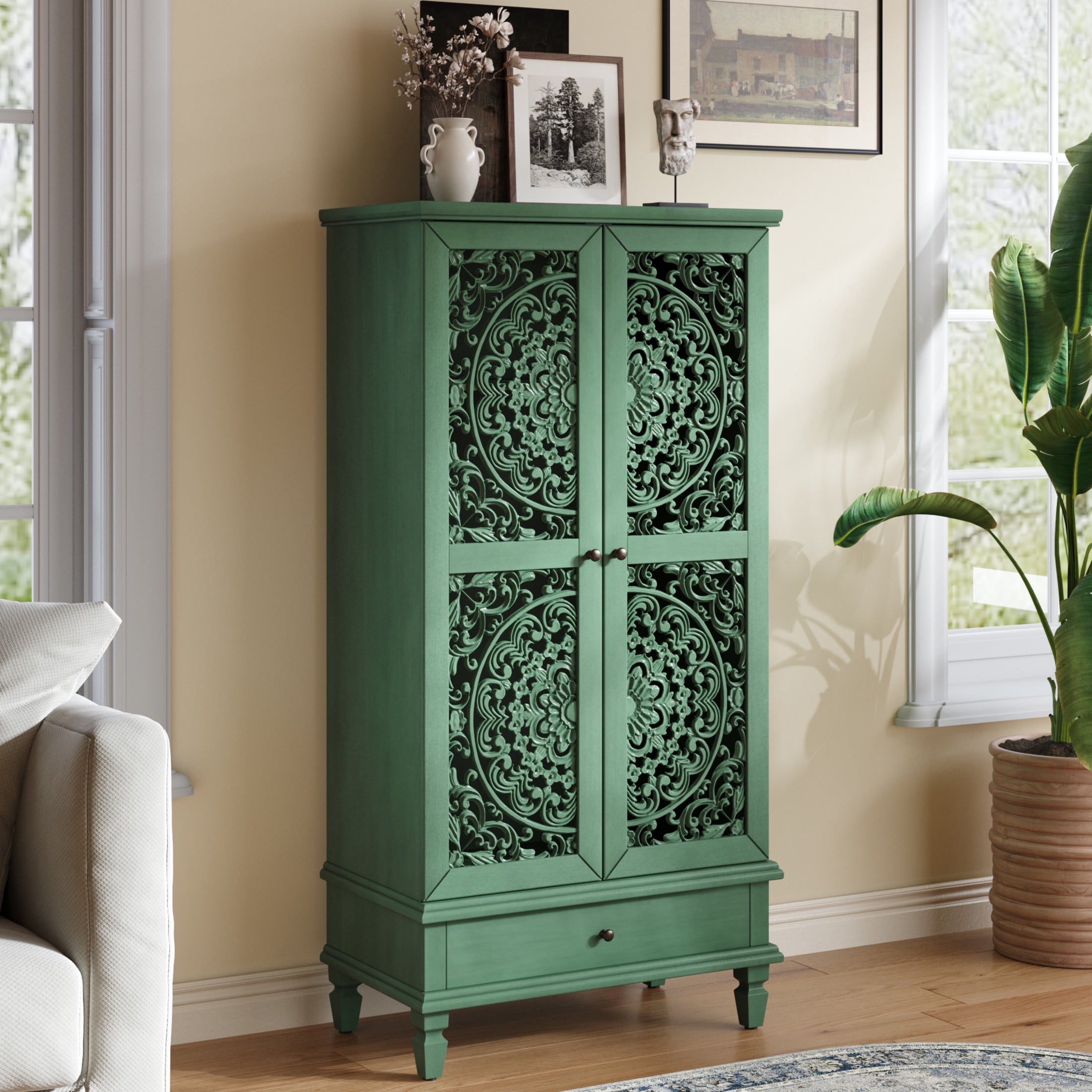 Noble house Rustic Tall Storage Cabinet with Drawer, Carved 2-Door Cabinet with Solid Wood Legs,Antique Green