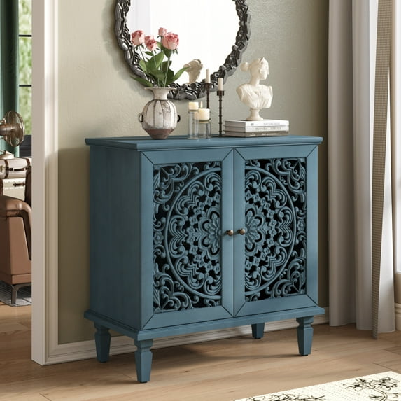 Noble house Vintage Hollow-Carved Accent Cabinet, 2-Door Sideboard, Adjustable Shelf & Solid Wood Legs,Antique Blue