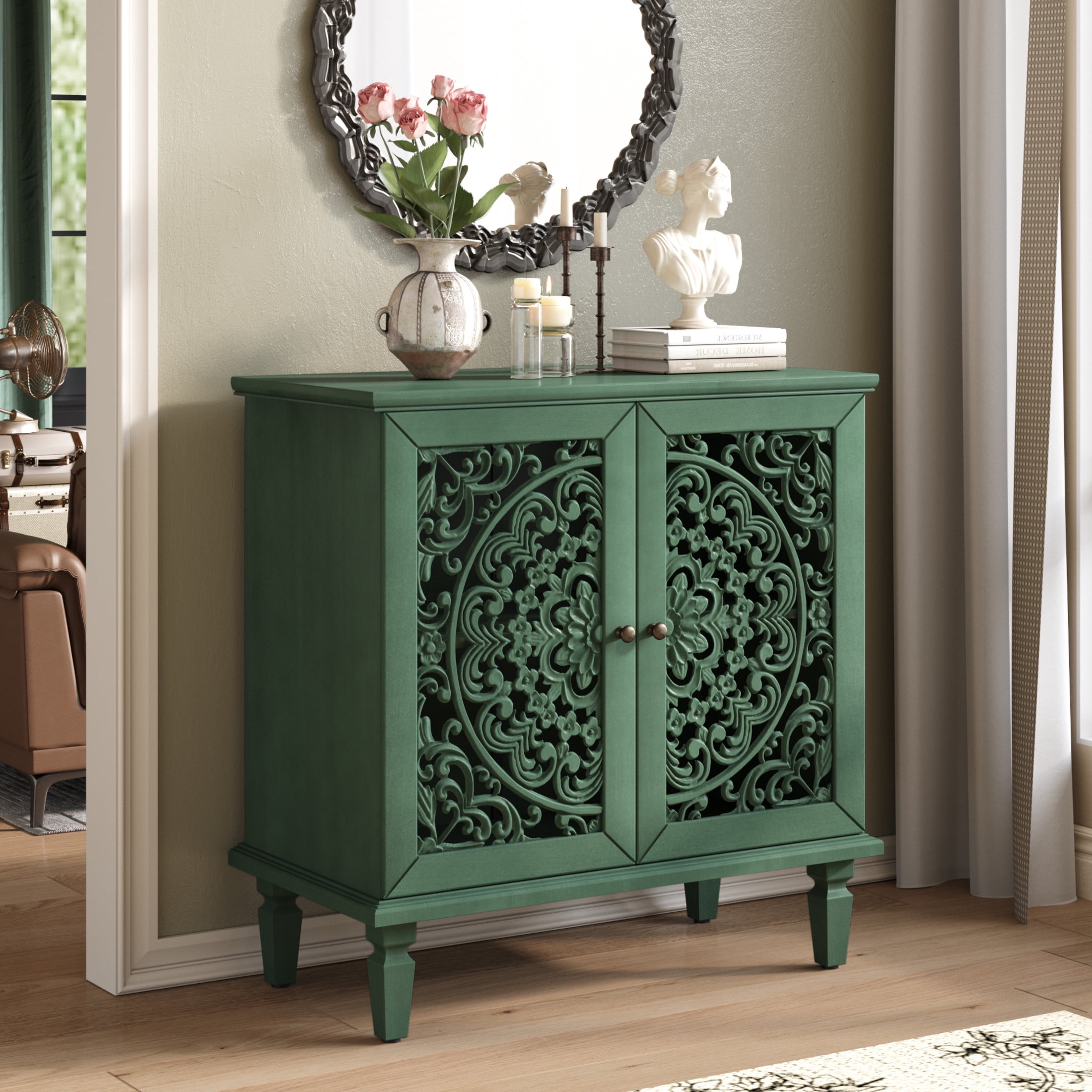 Noble house Vintage Hollow-Carved Accent Cabinet, 2-Door Sideboard, Adjustable Shelf & Solid Wood Legs,Antique Green