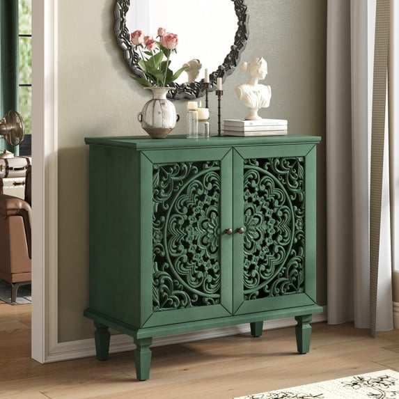 Noble house Vintage Hollow-Carved Accent Cabinet, 2-Door Sideboard, Adjustable Shelf & Solid Wood Legs,Antique Green