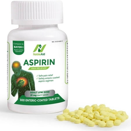 NobleAid Enteric Coated Low Dose 81 mg Aspirin Tablet for Fever & Headache, 300-Pack