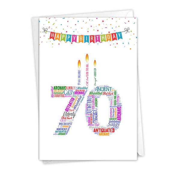 NobleWorks - 1 Funny Birthday Card with Envelope - Word Cloud Milestones 70 C9416MBG