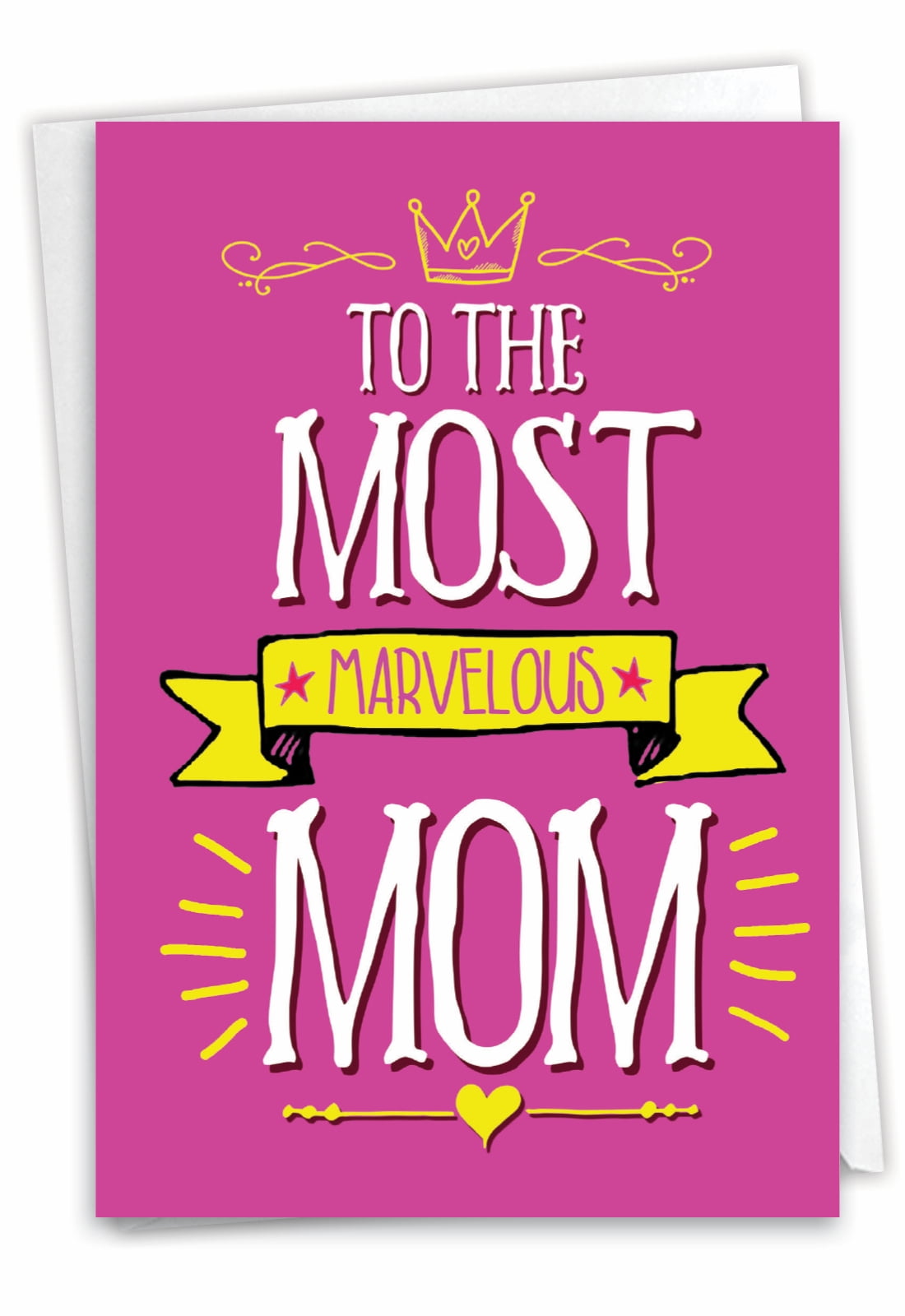 NobleWorks - 1 Mothers Birthday Greeting Card - Hot Pink and Bright Yellow, Queen Hearts and Crown - Marvelous Mom C9328BMG
