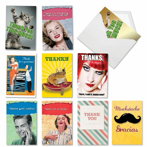 NobleWorks 10 Assorted Box Set Funny Thank You Greeting Cards w/5 x 7 Inch Envelopes (10 Designs, 1 Each) Much Gratitude AC7851TYG-B1x10