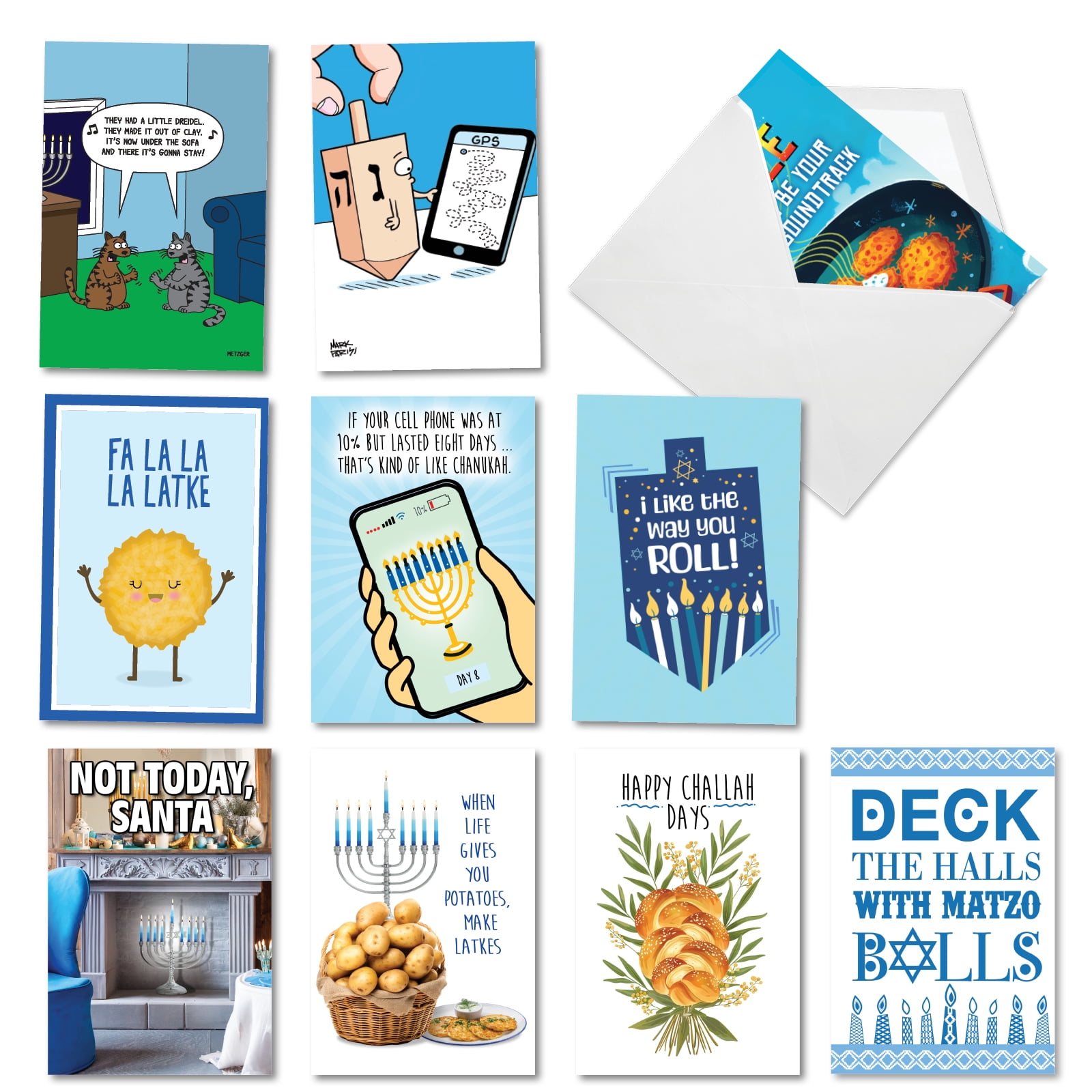 NobleWorks 10 Assorted set Funny Chanukah Greeting Cards w/5 x 7 Inch Envelopes (10 Designs, 1 Each) Jewish Holiday Cards Eight Humorous Nights AC8773HKG-B1x10