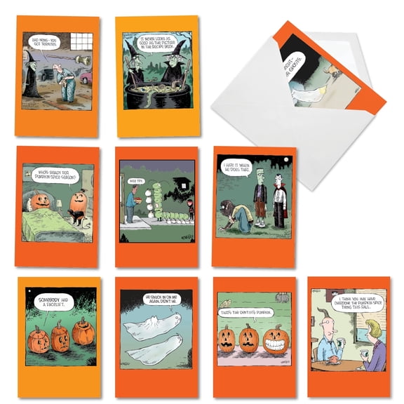 NobleWorks 10 Assorted set Funny Halloween Greeting Cards w/5 x 7 Inch Envelopes (10 Designs, 1 Each) Spooky Coverly AC8774HWG-B1x10