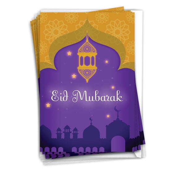 NobleWorks 12 Eid Mubarak Greeting Cards Bulk Box Set with 5 x 7 Inch Envelopes (1 Design, 12 Each) Islam Holiday Cards Eid Mubarak - Lantern C7035GEIG-B12x1