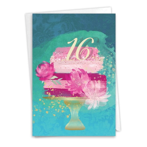 NobleWorks 16th Milestone Birthday Greeting Card with 5 x 7 Inch Envelope (1 Card) Number Cake 16 C10131MBG