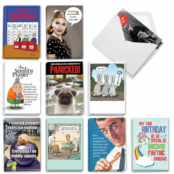 NobleWorks 20 Assorted Box Set Funny Birthday Greeting Cards w/5 x 7 Inch Envelopes (10 Designs, 2 Each) Bday Birthday Bonanza AC8837BDG-B2x10