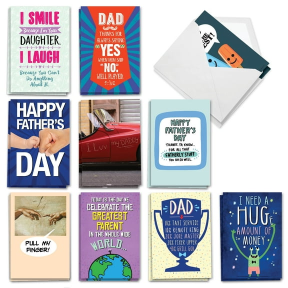 NobleWorks 20 Assorted Box Set Funny Father's Day Greeting Cards w/5 x 7 Inch Envelopes (10 Designs, 2 Each) Dad Dad Laughs AC10901FDG-B2x10