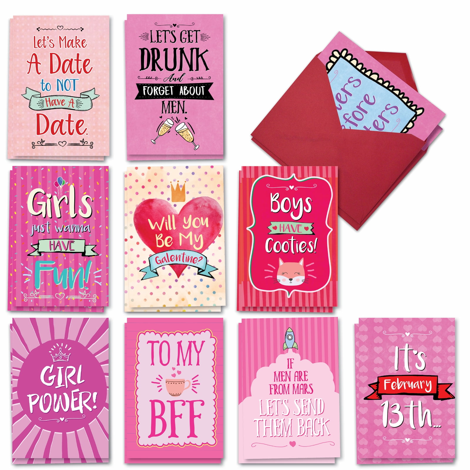 NobleWorks 20 Assorted Box Set Funny Galentine's Day Greeting Cards w/5 x 7 Inch Envelopes (10 Designs, 2 Each) Be My Galentine AC3355GAG-B2x10