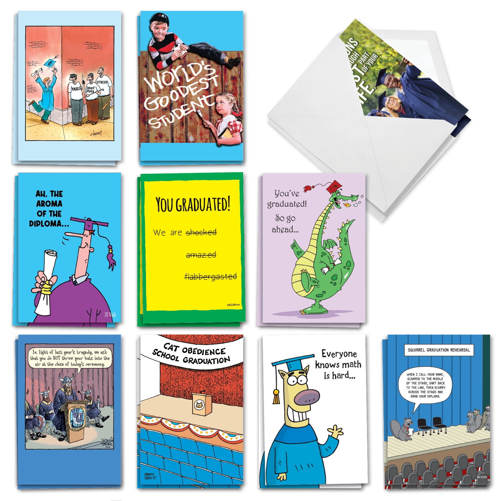 NobleWorks 20 Assorted Box Set Funny Graduation Greeting Cards (Graduate) w/5 x 7 Inch Envelopes (10 Designs, 2 Each) Head Of The Class AC10895GDG-B2x10