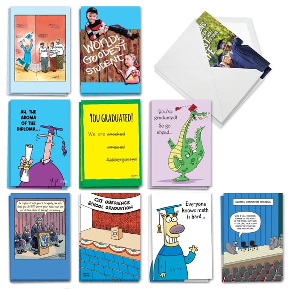 NobleWorks 20 Assorted Box Set Funny Graduation Greeting Cards (Graduate) w/5 x 7 Inch Envelopes (10 Designs, 2 Each) Head Of The Class AC10895GDG-B2x10