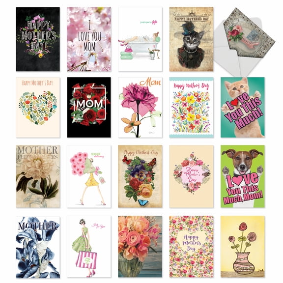 NobleWorks 20 Assorted Box Set Mother's Day Greeting Cards w/5 x 7 Inch Envelopes (20 Designs, 1 Each) Mom Motherly Love AC10359MDG-B1x20