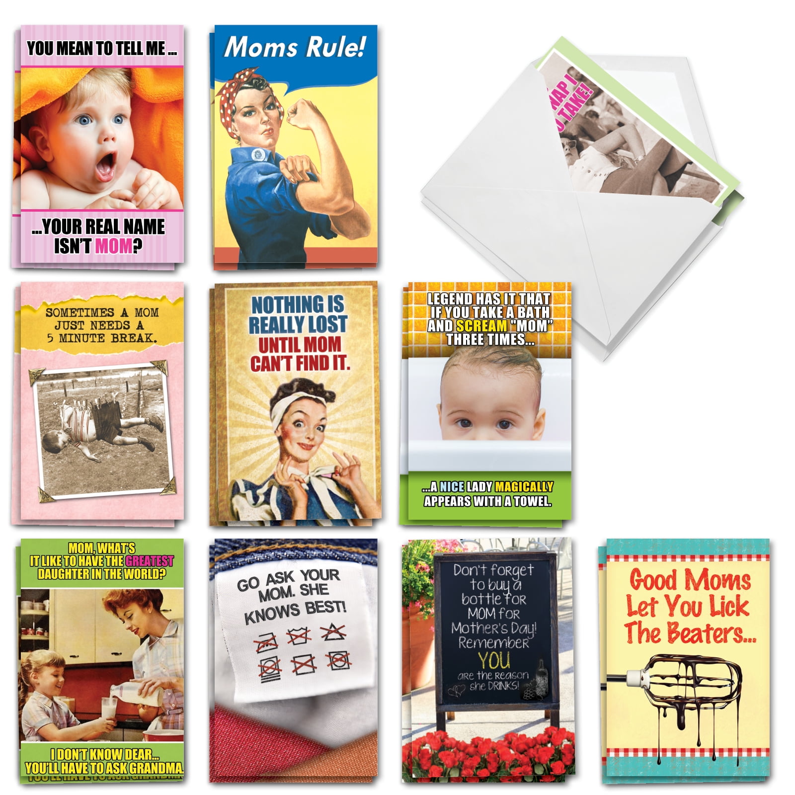 NobleWorks 20 Assorted Set Funny Mother's Day Greeting Cards w/5 x 7 Inch Envelopes (10 Designs, 2 Each), For Women, Mom Mom Always Knows Best