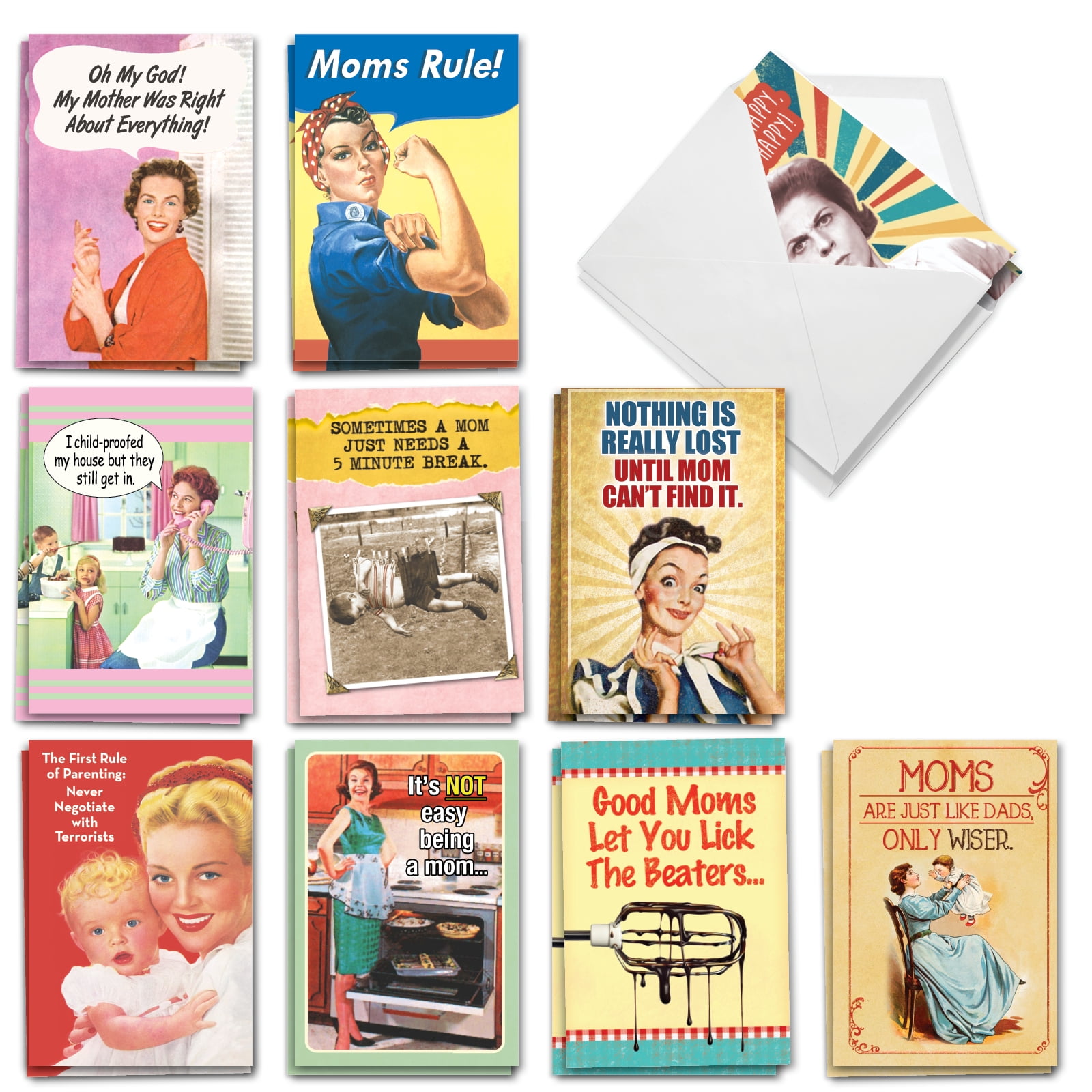 NobleWorks 20 Assorted Set Funny Mother's Day Greeting Cards w/5 x 7 Inch Envelopes (10 Designs, 2 Each), For Women, Mom Mother Lode