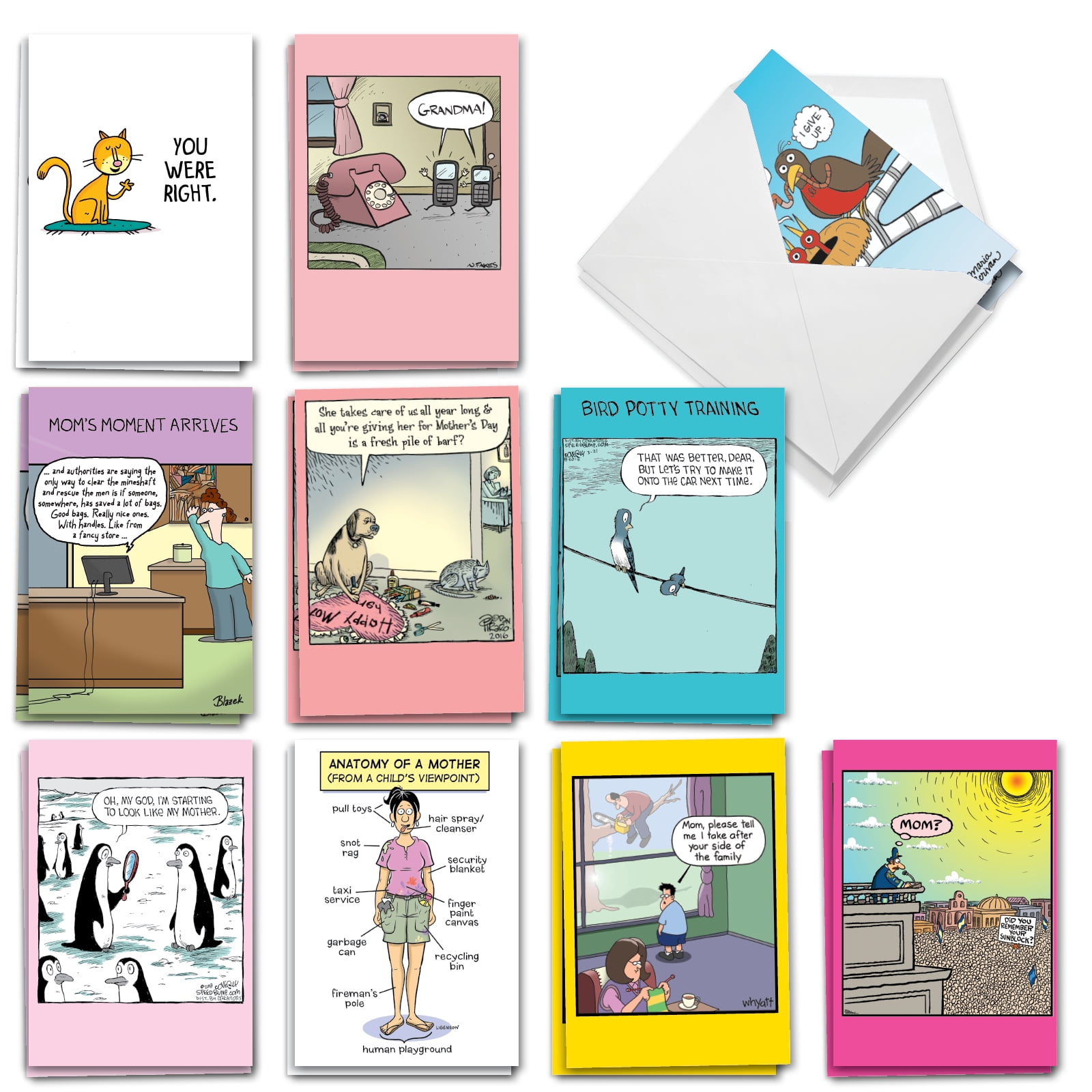 NobleWorks 20 Assorted Set Funny Mother's Day Greeting Cards w/5 x 7 Inch Envelopes (10 Designs, 2 Each), For Women, Mom Top Moms