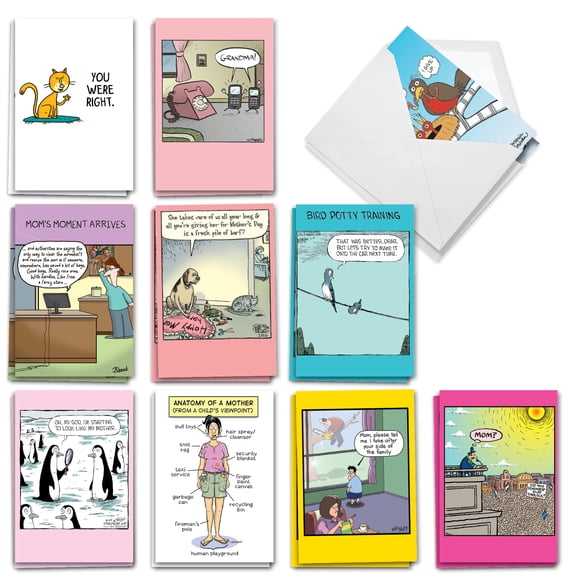 NobleWorks 20 Assorted Set Funny Mother's Day Greeting Cards w/5 x 7 Inch Envelopes (10 Designs, 2 Each), For Women, Mom Top Moms
