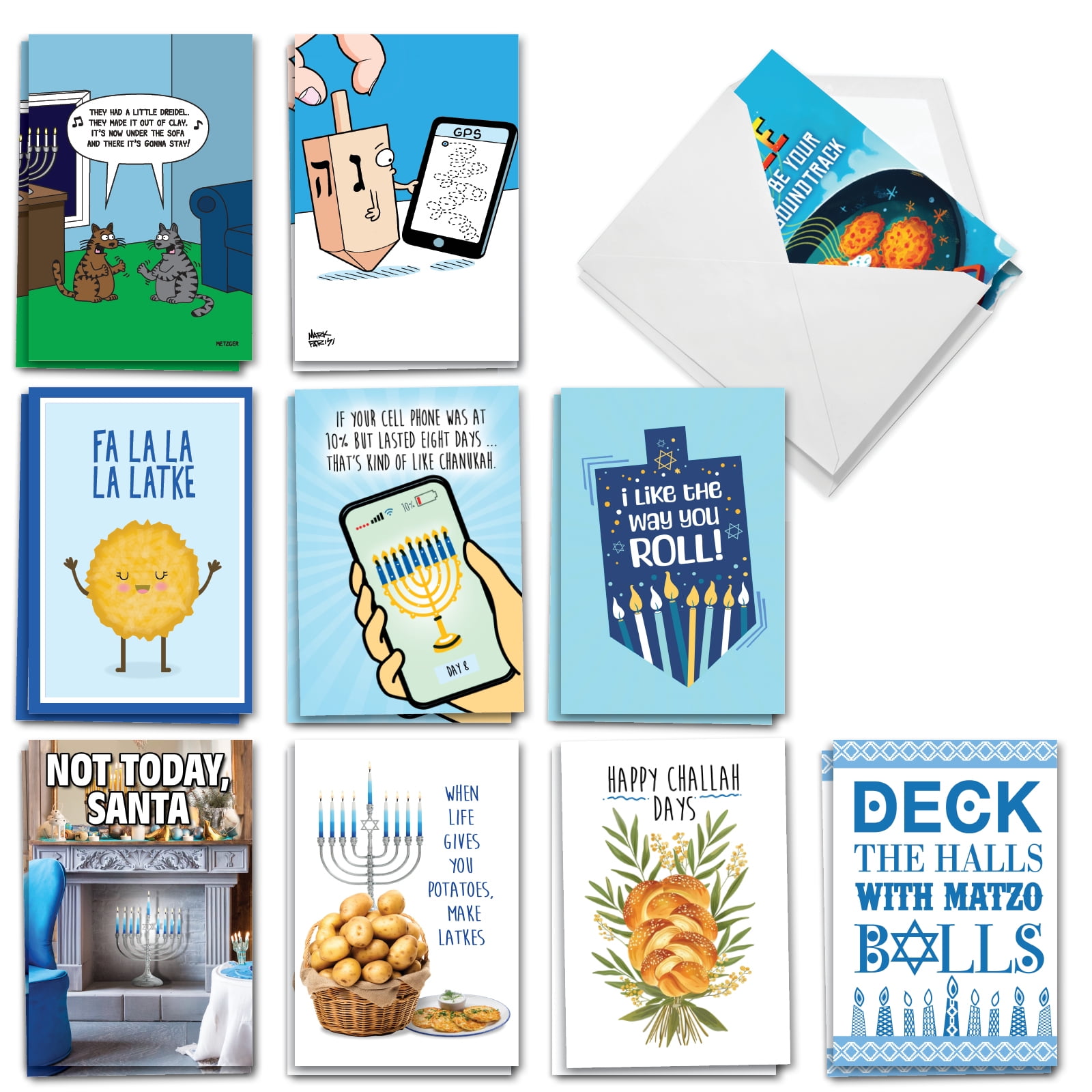 NobleWorks 20 Assorted set Funny Chanukah Greeting Cards w/5 x 7 Inch Envelopes (10 Designs, 2 Each) Jewish Holiday Cards Eight Humorous Nights AC8773HKG-B2x10