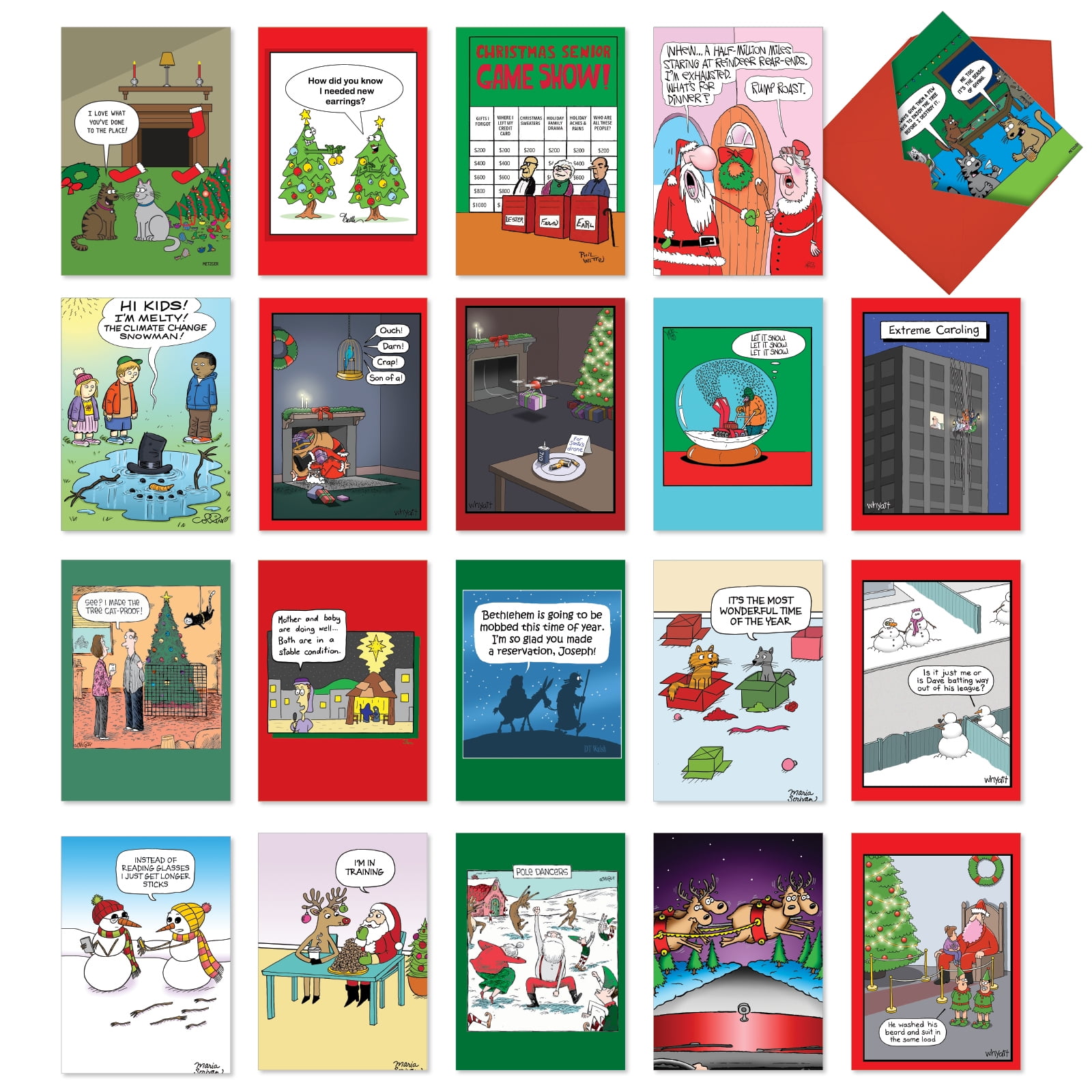 NobleWorks 20 Assorted set Funny Christmas Greeting Cards w/5 x 7 Inch Envelopes (20 Designs, 1 Each) Merry Toons AC3485XSG-B1x20