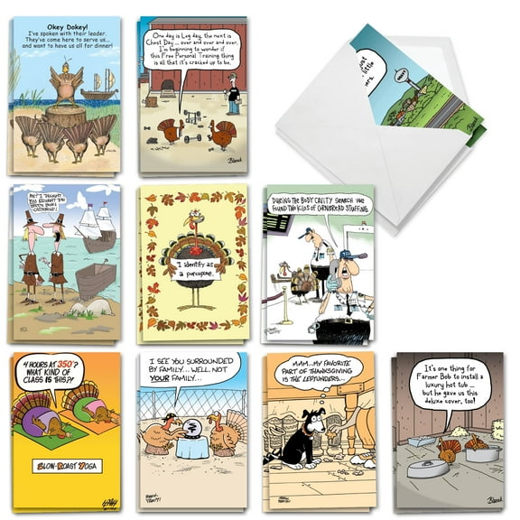 NobleWorks 20 Assorted set Funny Thanksgiving Greeting Cards w/5 x 7 Inch Envelopes (10 Designs, 2 Each) Turkey Toons AC8775TGG-B2x10