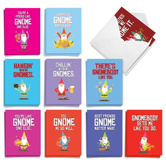 NobleWorks - 20 Blank All Occasion Cards Assorted (10 Designs, 2 Each) - Friendly Garden Gnomes All Occasions (4" x 5.12") AM6441OCB-B2x10