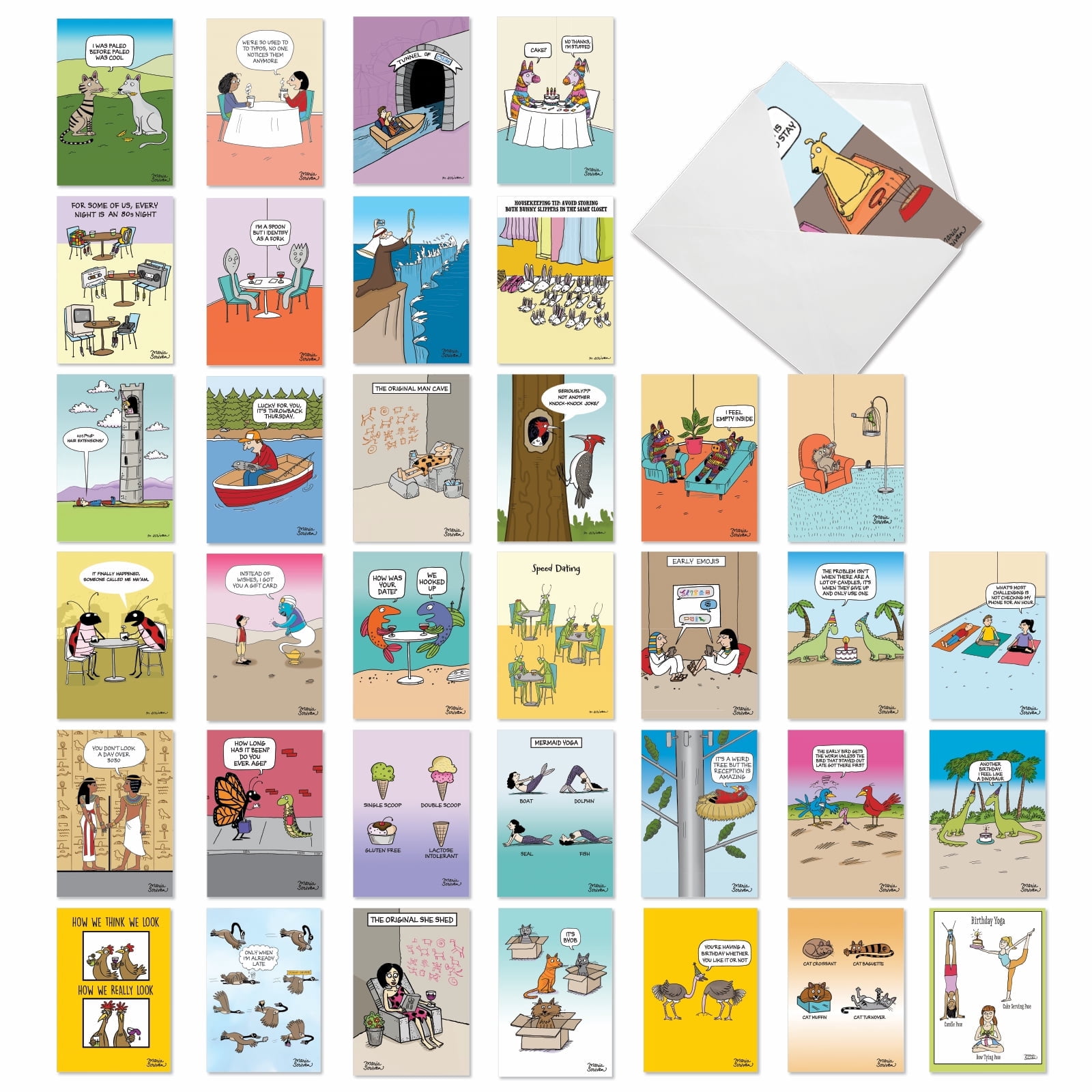 NobleWorks 36 Assorted Box Set Funny Birthday Greeting Cards w/5 x 7 Inch Envelopes (36 Designs, 1 Each) Bday Maria Scrivan's Celebrate AC7741BDG-B1x36