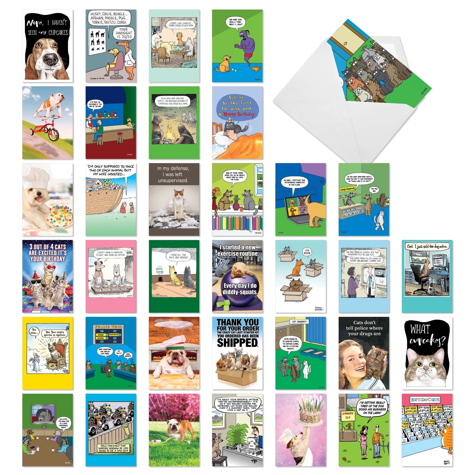 NobleWorks 36 Assorted Box Set Funny Birthday Greeting Cards w/5 x 7 Inch Envelopes (36 Designs, 1 Each) Bday Pet Party AC10799BDG-B1x36