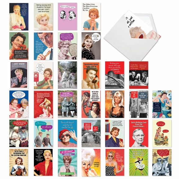 NobleWorks 36 Assorted Box Set Funny Birthday Greeting Cards w/5 x 7 Inch Envelopes (36 Designs, 1 Each) Bday Retro Revelry AC7740BDG-B1x36