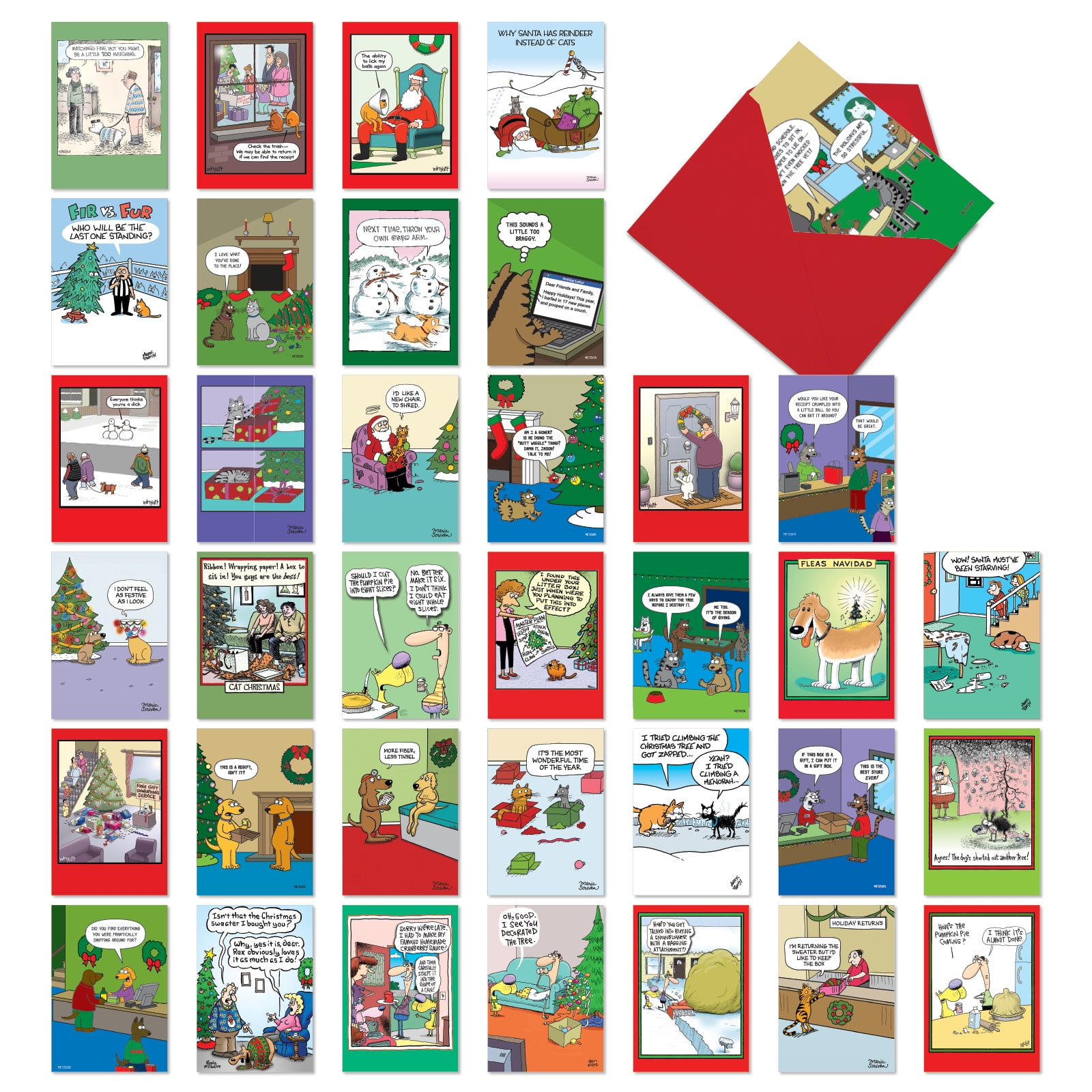 NobleWorks 36 Assorted Box Set Funny Christmas Greeting Cards w/5 x 7 Inch Envelopes (36 Designs, 1 Each) Holiday Dog And Cat Toons AC10709XSG-B1x36