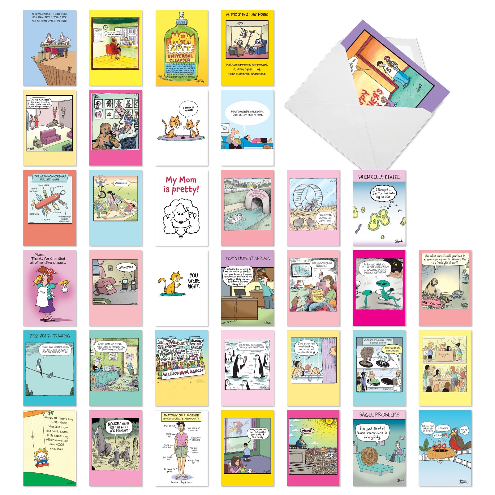 NobleWorks 36 Assorted Box Set Funny Mother's Day Greeting Cards w/5 x 7 Inch Envelopes (36 Designs, 1 Each) Mom Comical Moms AC10889MDG-B1x36