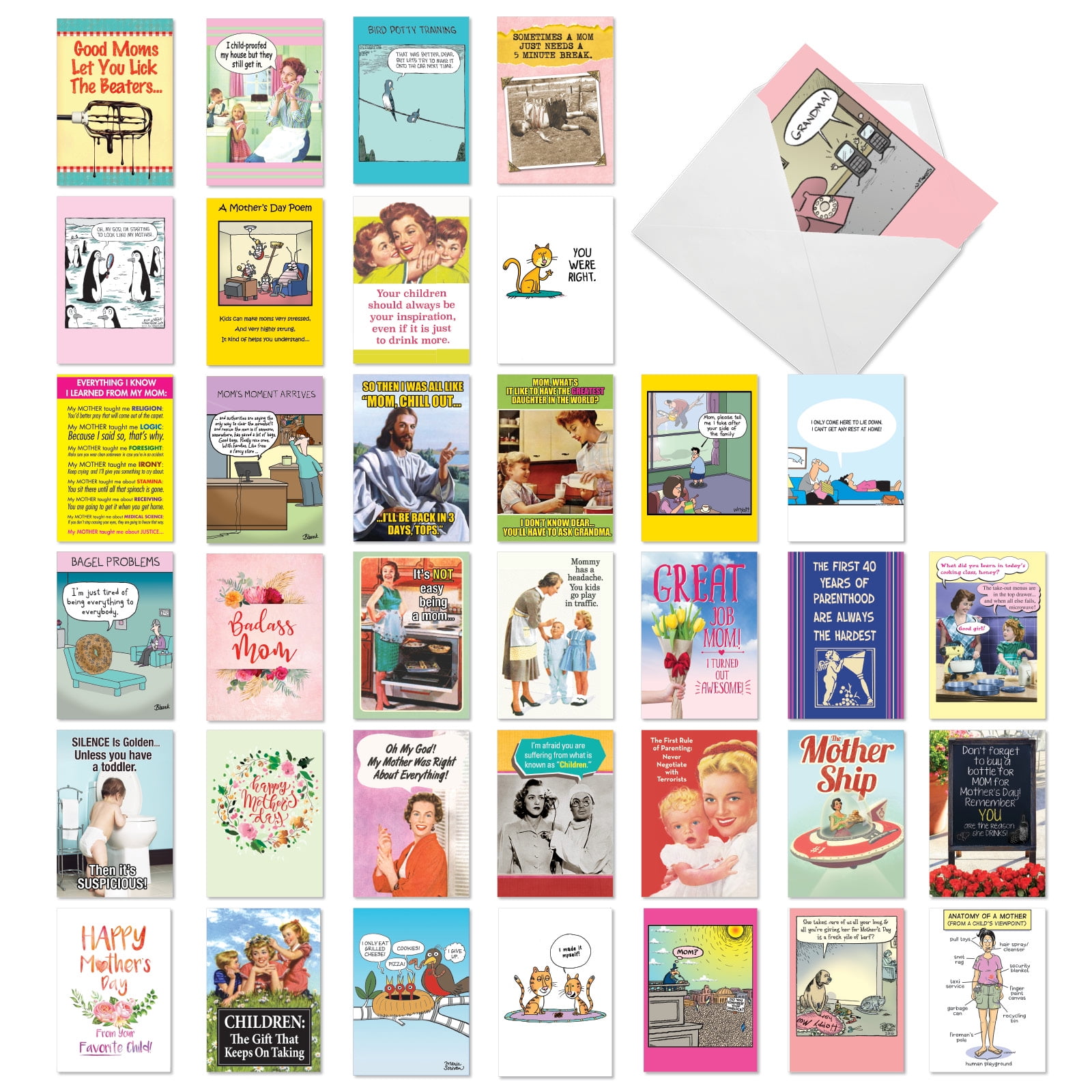 NobleWorks 36 Assorted Box Set Funny Mother's Day Greeting Cards w/5 x 7 Inch Envelopes (36 Designs, 1 Each) Mom Top Moms AC10242MDG-B1x36